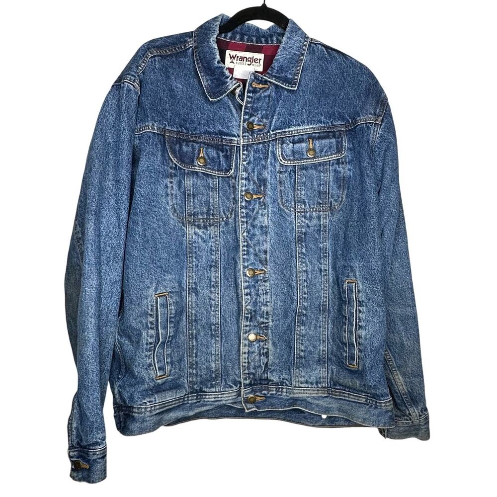 Vintage Wrangler Rugged Wear Flannel Lined Denim Trucker Jacket Size Large